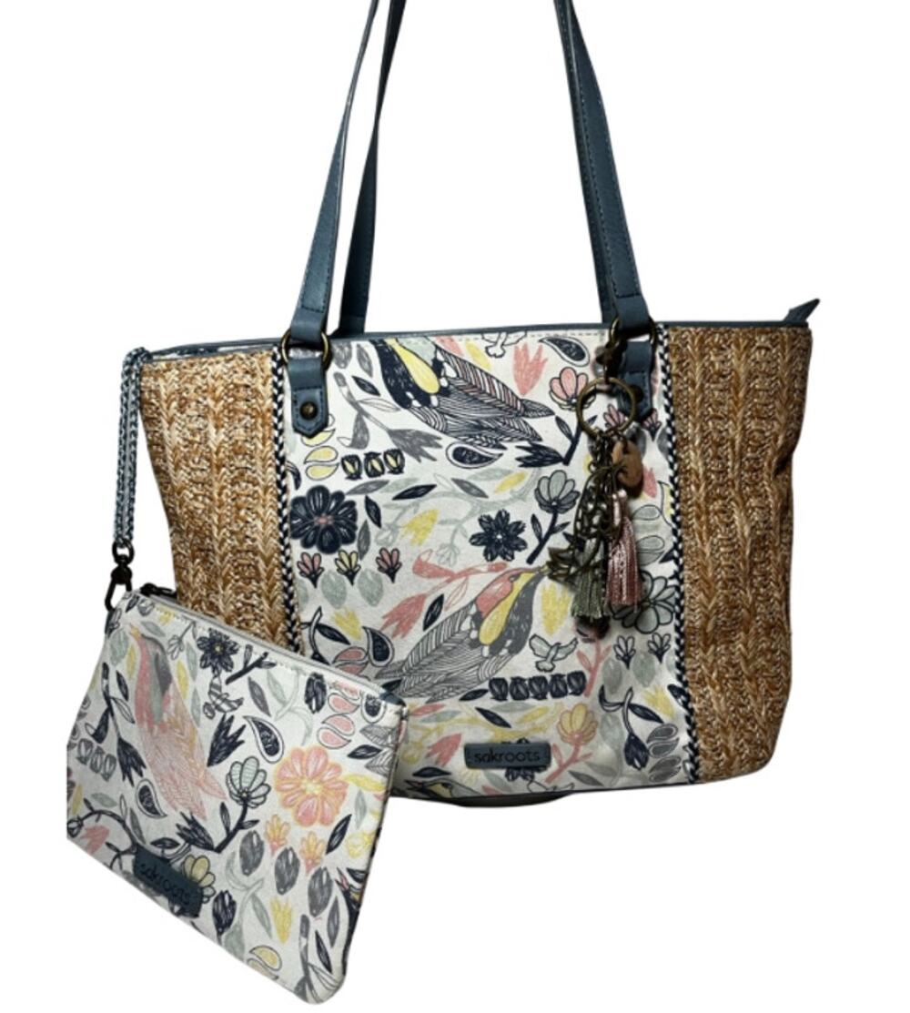 Sakroots Meadow Straw and Canvas Tote Floral Birds of Paradise Canvas Purse